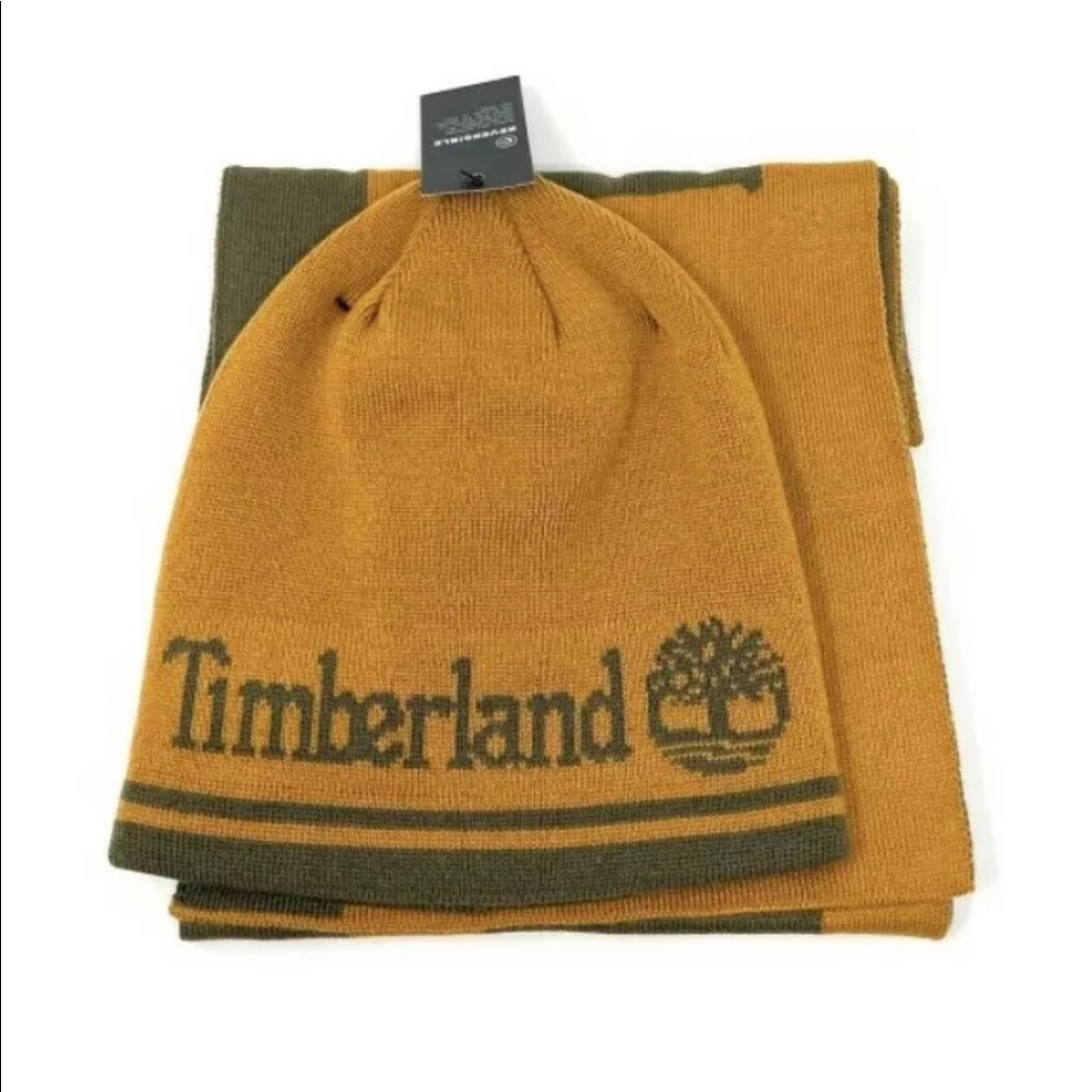 Timberland Reversible knit Hat and Scarf Set Yellow/Gold & Khaki NWT in Gift Box